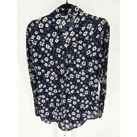 Express Womens Sz S Long Sleeve Portofino Dress Shirt Blue Black Floral Slim Fit - Picture 3 of 3
